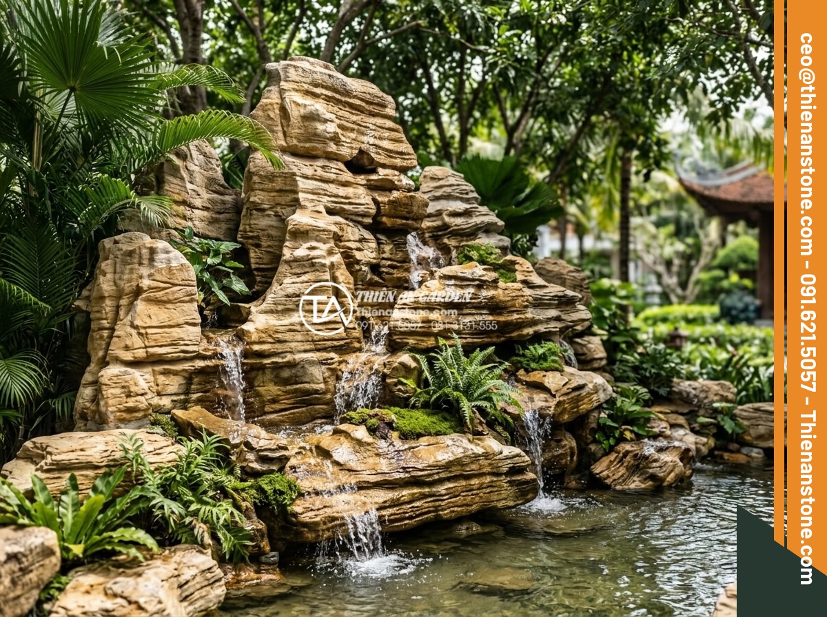 Tại Sao Nên Dùng Đá Thấm Thủy Cho Hòn Non Bộ Có Thác Nước? - Hình 17 Tại Sao Nên Dùng Đá Thấm Thủy Cho Hòn Non Bộ Có Thác Nước? - Luxury resort rockery waterfall project in Vietnam using water-absorbent natural