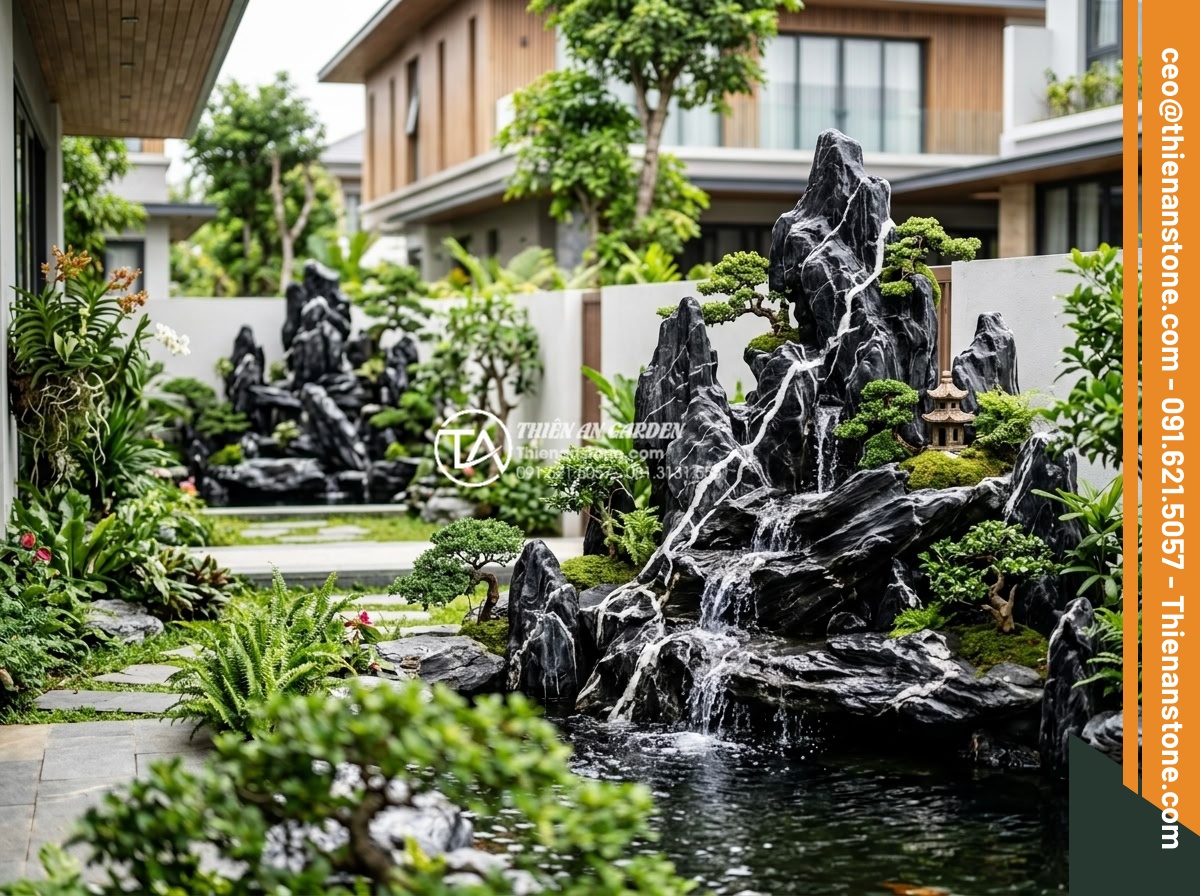 Tại Sao Nên Dùng Đá Thấm Thủy Cho Hòn Non Bộ Có Thác Nước? - Hình 18 Tại Sao Nên Dùng Đá Thấm Thủy Cho Hòn Non Bộ Có Thác Nước? - Multiple completed high-end villa garden projects featuring absorbent stone non
