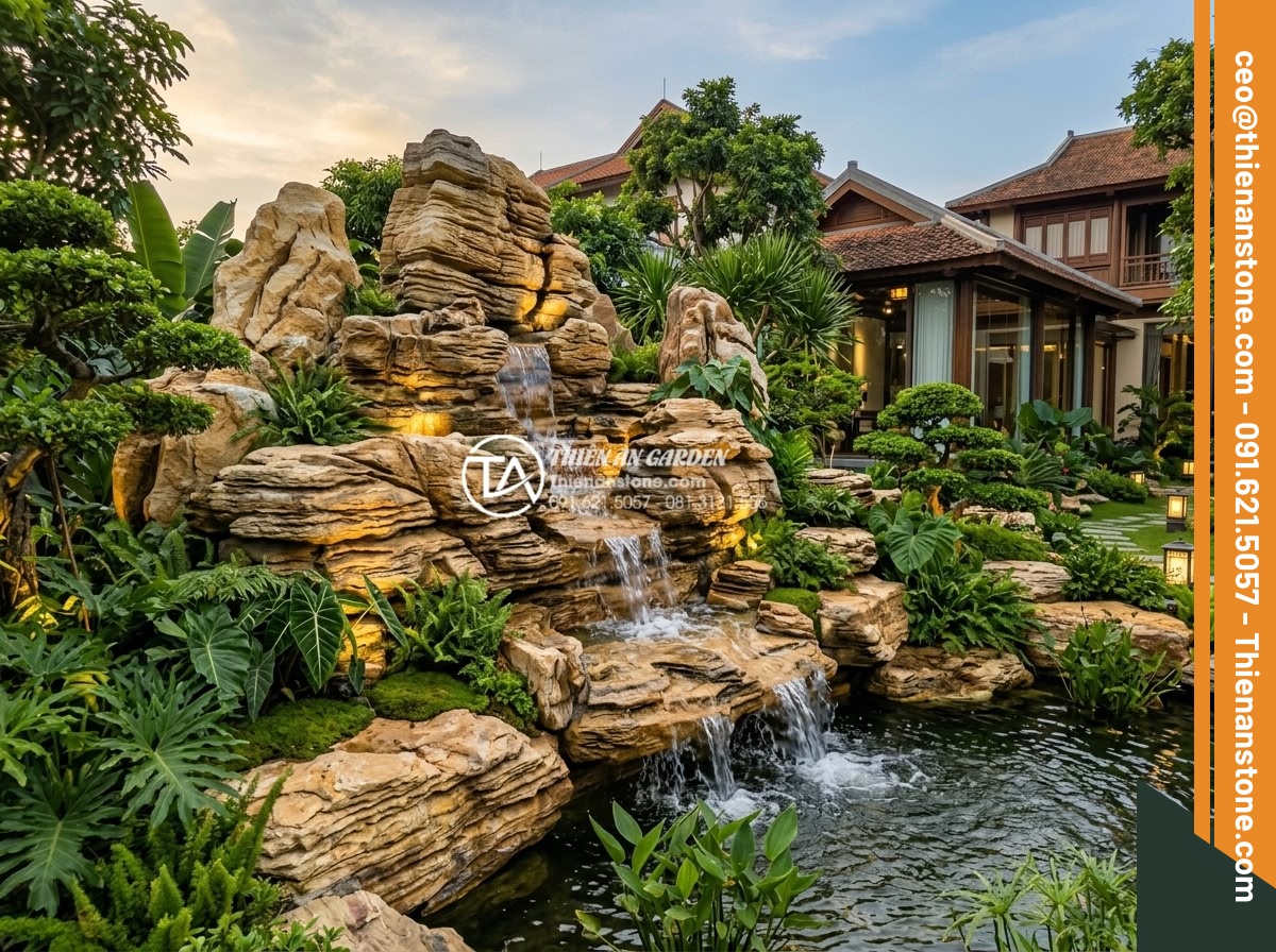 Tại Sao Nên Dùng Đá Thấm Thủy Cho Hòn Non Bộ Có Thác Nước? - Hình 2 Tại Sao Nên Dùng Đá Thấm Thủy Cho Hòn Non Bộ Có Thác Nước? - Wide angle shot of a complete natural stone rockery featuring waterfall using ab