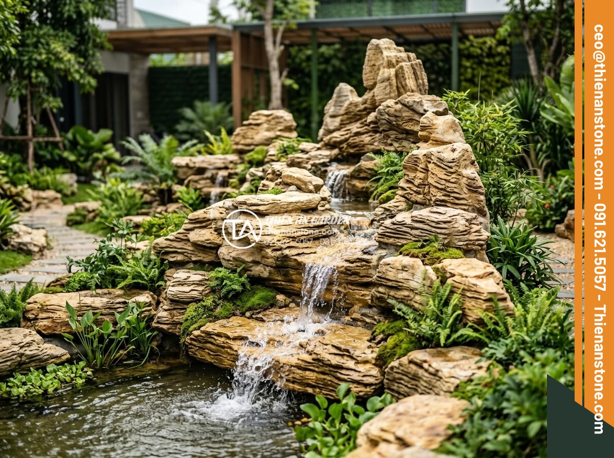 Tại Sao Nên Dùng Đá Thấm Thủy Cho Hòn Non Bộ Có Thác Nước? - Hình 20 Tại Sao Nên Dùng Đá Thấm Thủy Cho Hòn Non Bộ Có Thác Nước? - Eco-friendly rockery waterfall installation promoting sustainability in modern V