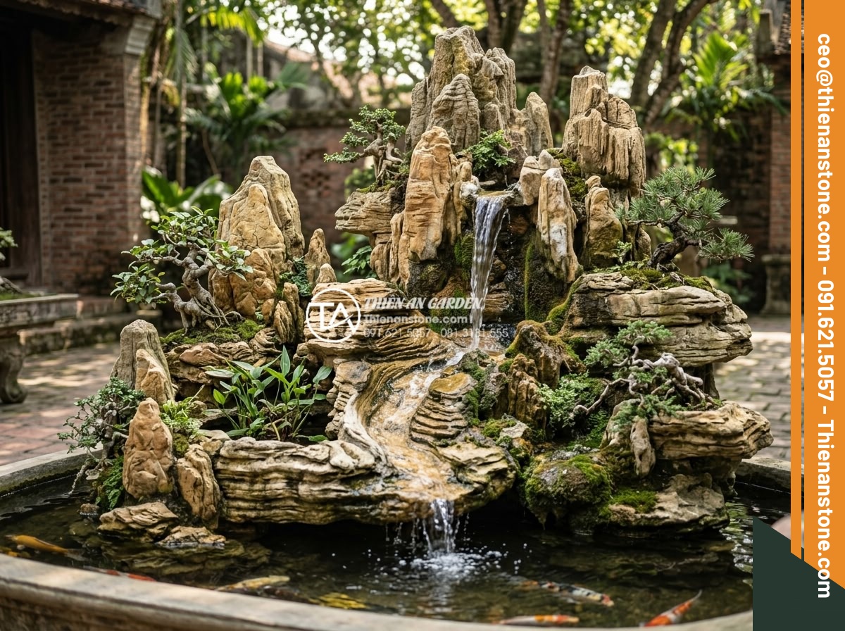 Tại Sao Nên Dùng Đá Thấm Thủy Cho Hòn Non Bộ Có Thác Nước? - Hình 22 Tại Sao Nên Dùng Đá Thấm Thủy Cho Hòn Non Bộ Có Thác Nước? - Long-term maintained natural stone non bộ with waterfall after several years of