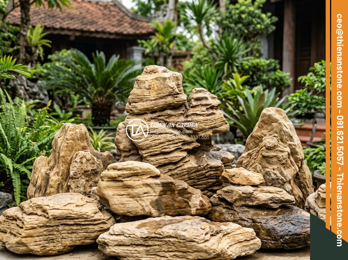 Tại Sao Nên Dùng Đá Thấm Thủy Cho Hòn Non Bộ Có Thác Nước? - Hình 4 Tại Sao Nên Dùng Đá Thấm Thủy Cho Hòn Non Bộ Có Thác Nước? - Collection of different types of water-absorbent stones arranged for landscaping