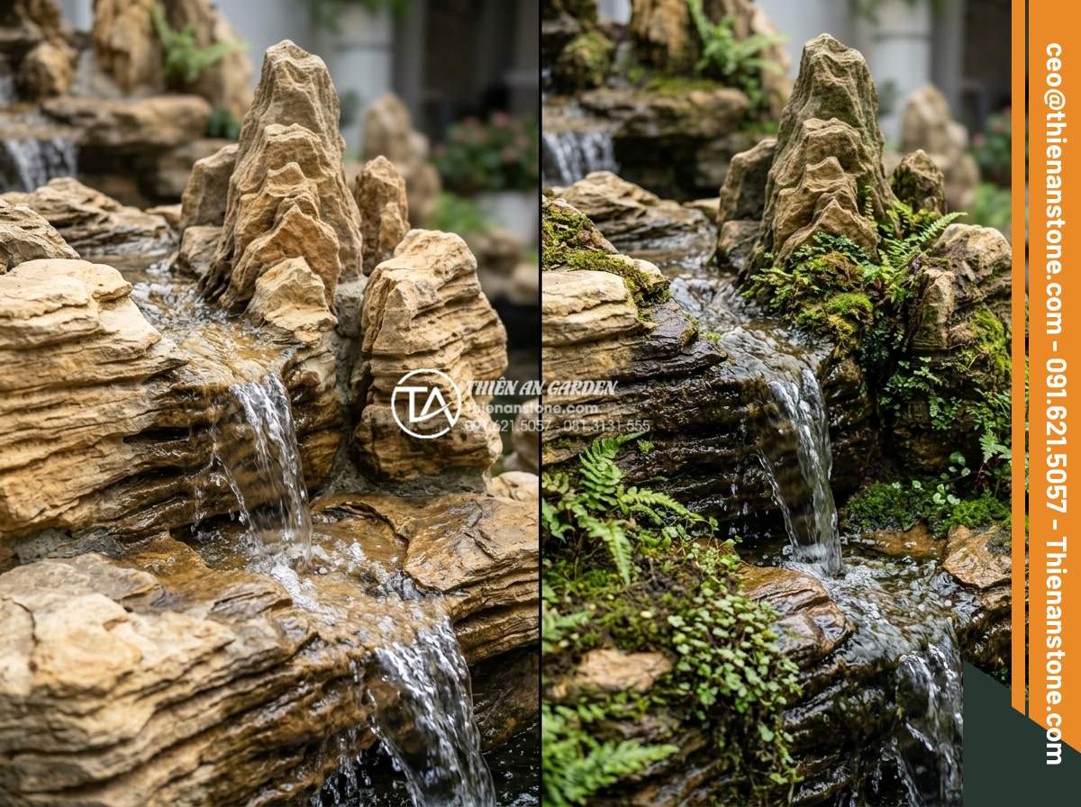 Tại Sao Nên Dùng Đá Thấm Thủy Cho Hòn Non Bộ Có Thác Nước? - Hình 6 Tại Sao Nên Dùng Đá Thấm Thủy Cho Hòn Non Bộ Có Thác Nước? - Before and after comparison of rockery waterfall using regular stone versus abso
