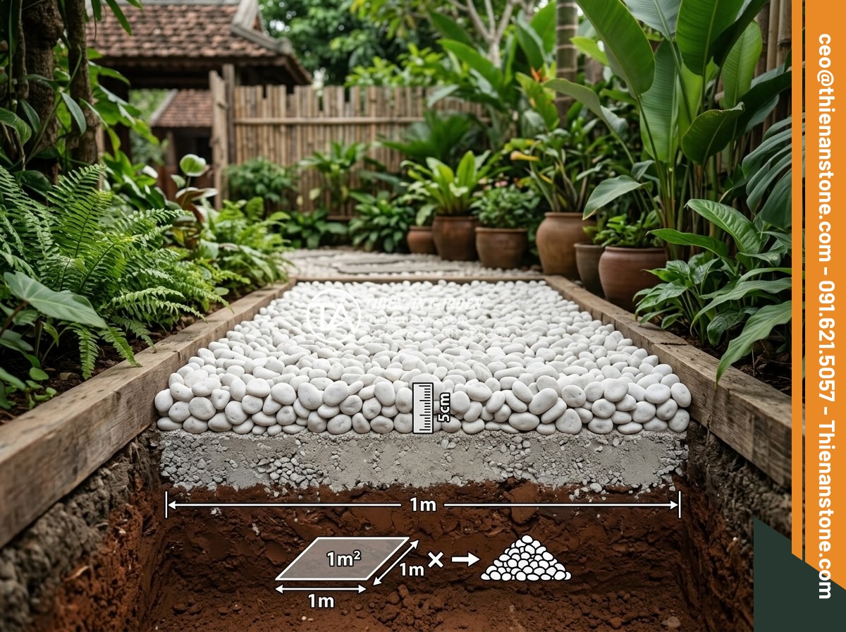 Tính Toán Khối Lượng Sỏi Cần Thiết Cho 1m2 Sân Vườn - Detailed illustration of a garden area with gravel layers showing thickness meas
