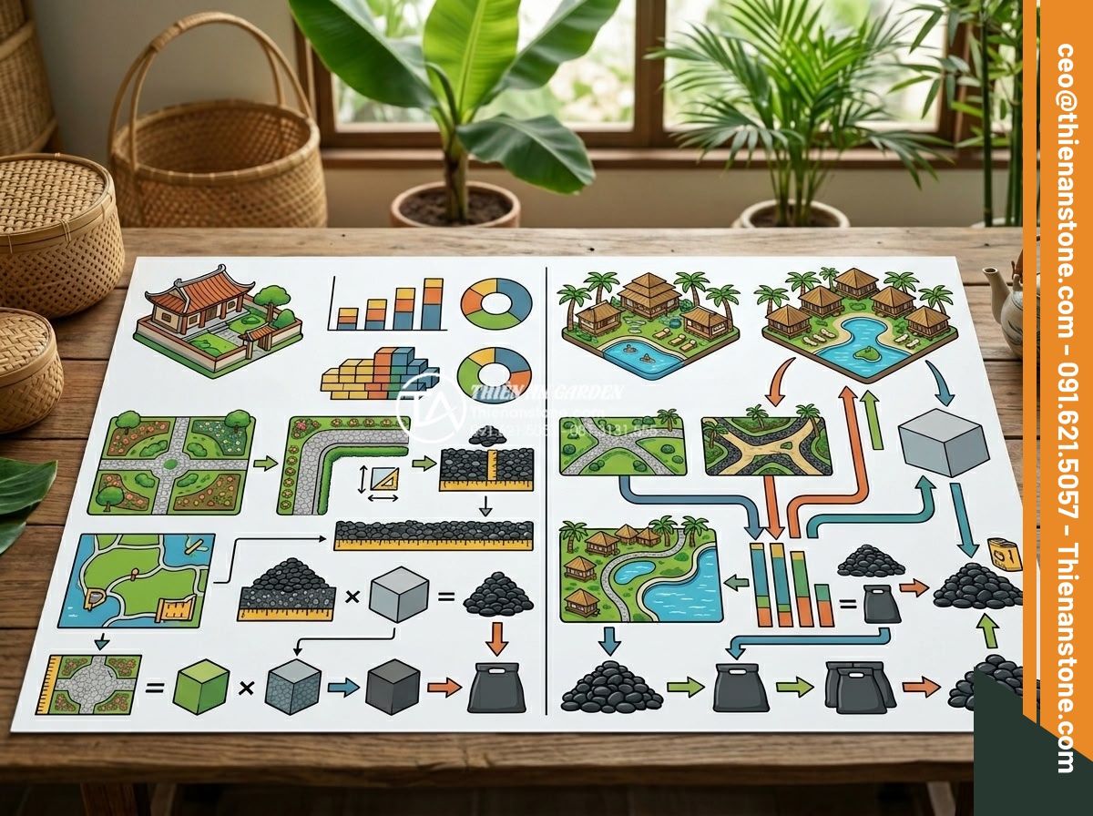Tính Toán Khối Lượng Sỏi Cần Thiết Cho 1m2 Sân Vườn - Customized gravel calculation charts for different garden project types like vil