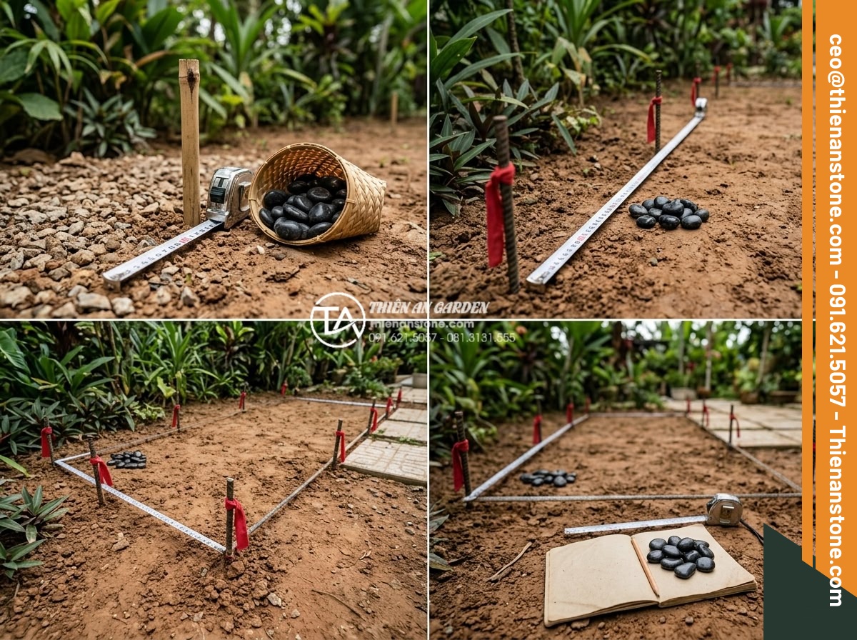Tính Toán Khối Lượng Sỏi Cần Thiết Cho 1m2 Sân Vườn - Step-by-step guide photo series of measuring garden area with tape measures and 