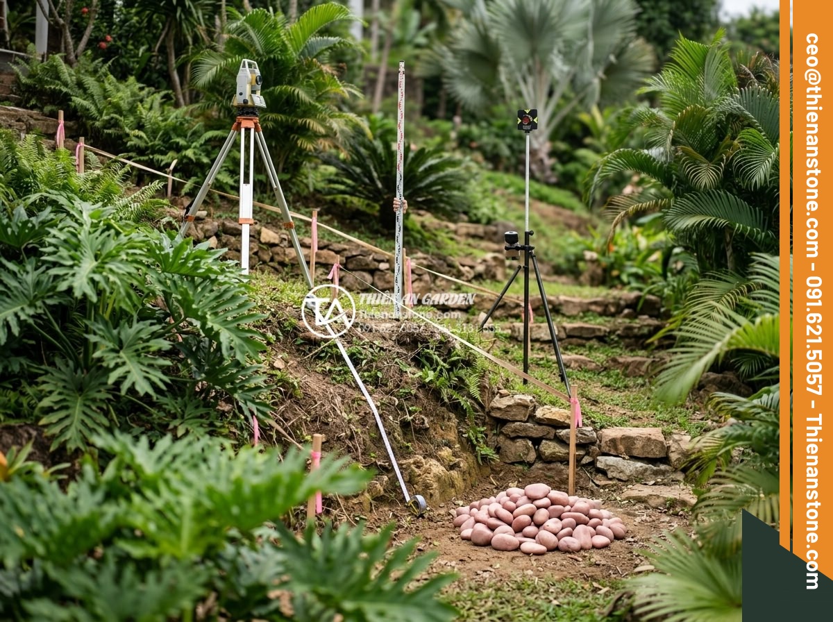 Tính Toán Khối Lượng Sỏi Cần Thiết Cho 1m2 Sân Vườn - Complex terrain measurement techniques for sloped garden areas prior to gravel v