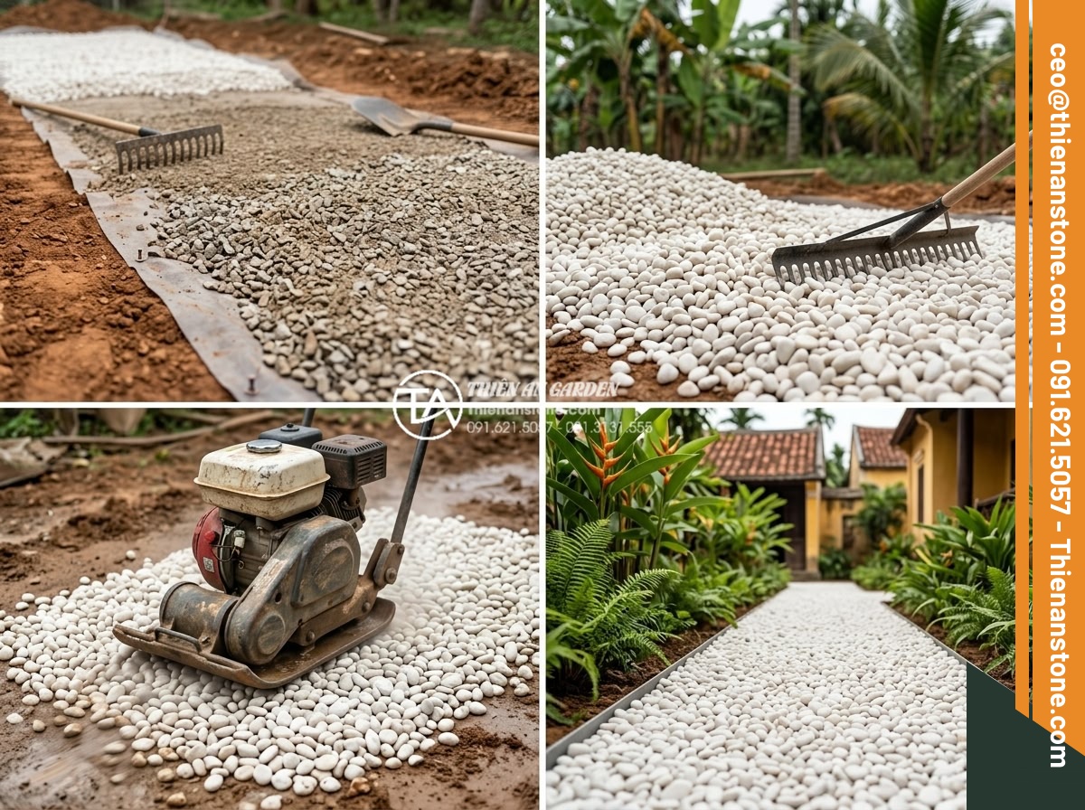 Tính Toán Khối Lượng Sỏi Cần Thiết Cho 1m2 Sân Vườn - Professional gravel installation process photos showing layering, leveling and c