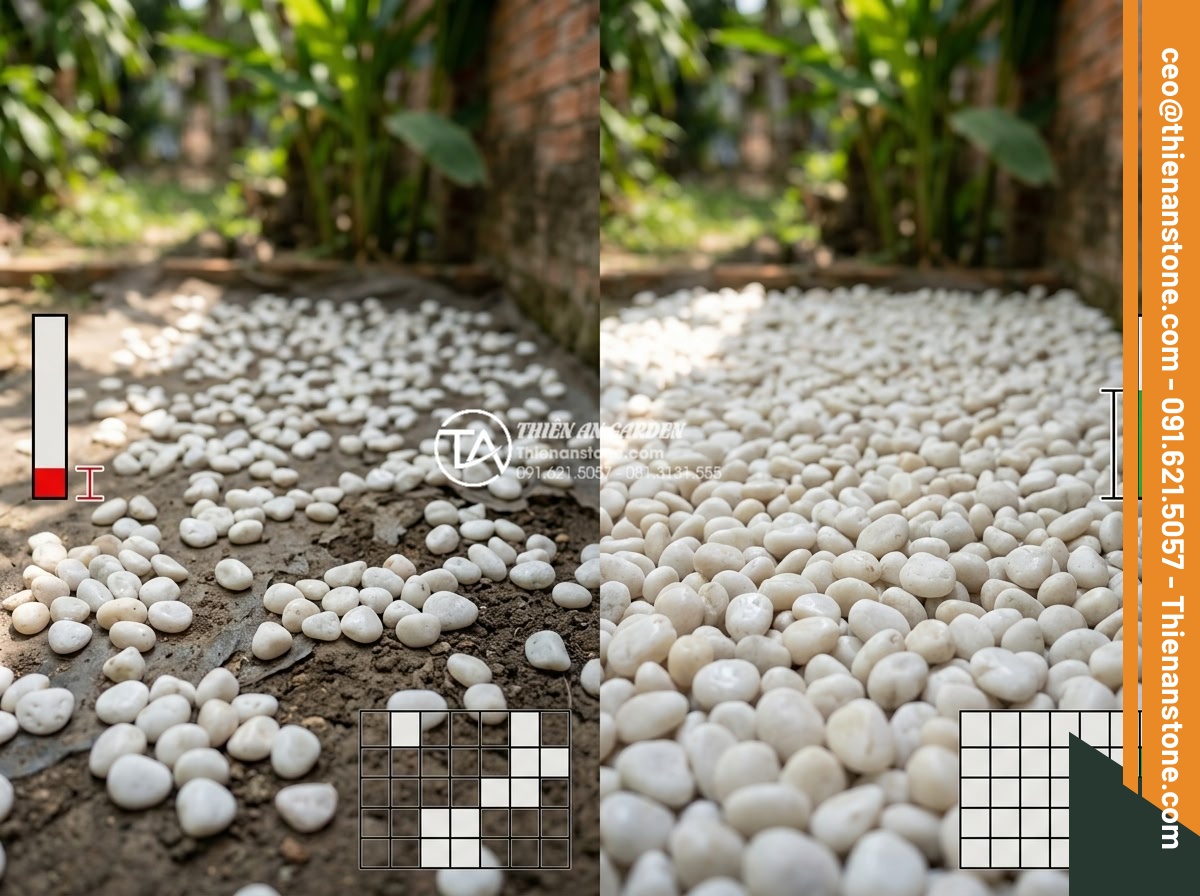 Tính Toán Khối Lượng Sỏi Cần Thiết Cho 1m2 Sân Vườn - Before and after comparison of garden gravel installation showing proper volume 