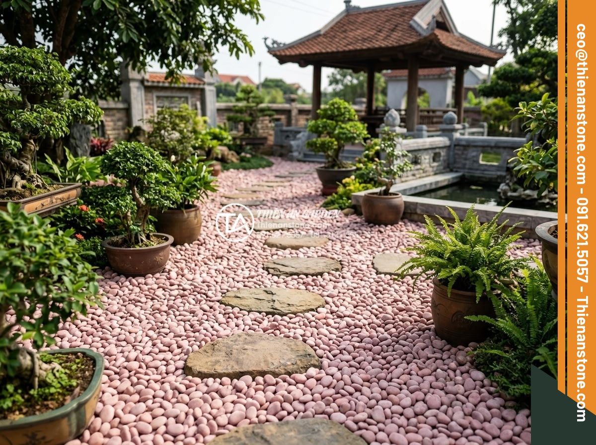 Tính Toán Khối Lượng Sỏi Cần Thiết Cho 1m2 Sân Vườn - Final expert consultation scene with natural stone garden featuring perfectly ca