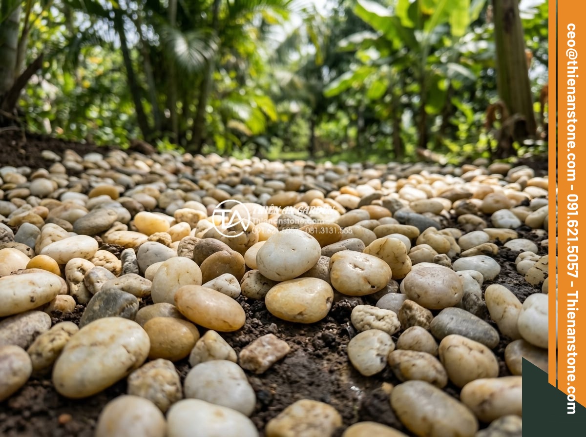 Tính Toán Khối Lượng Sỏi Cần Thiết Cho 1m2 Sân Vườn - Close-up view of natural river pebble gravel stones in various earth tones sprea