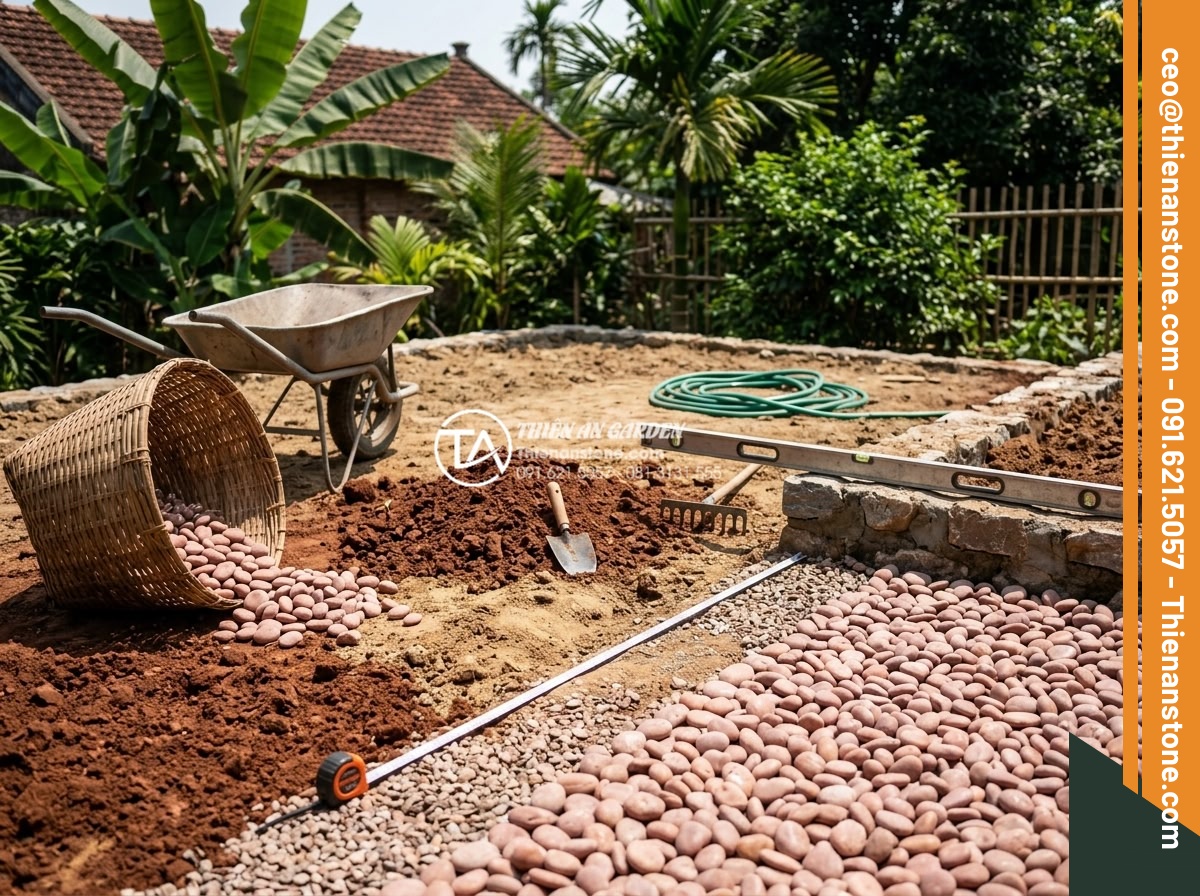 Tính Toán Khối Lượng Sỏi Cần Thiết Cho 1m2 Sân Vườn - Realistic photo of uneven garden terrain with gravel being applied over differen
