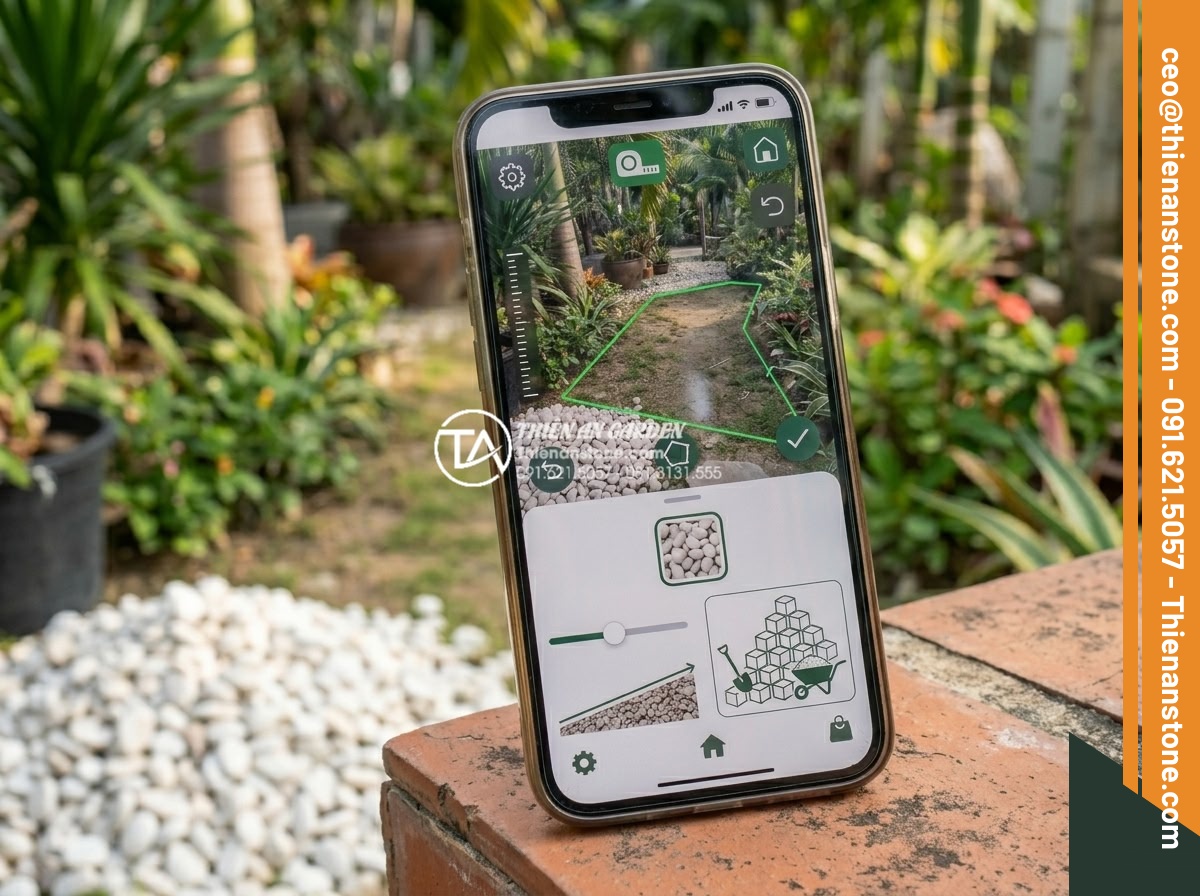 Tính Toán Khối Lượng Sỏi Cần Thiết Cho 1m2 Sân Vườn - Modern digital tools and apps screenshot showing garden area measurement and gra