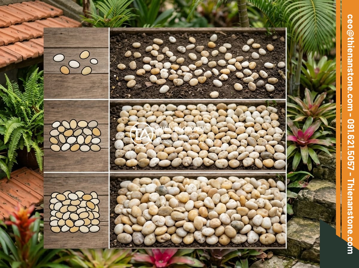 Tính Toán Khối Lượng Sỏi Cần Thiết Cho 1m2 Sân Vườn - Professional table chart of gravel spreading rates by thickness and type with vi