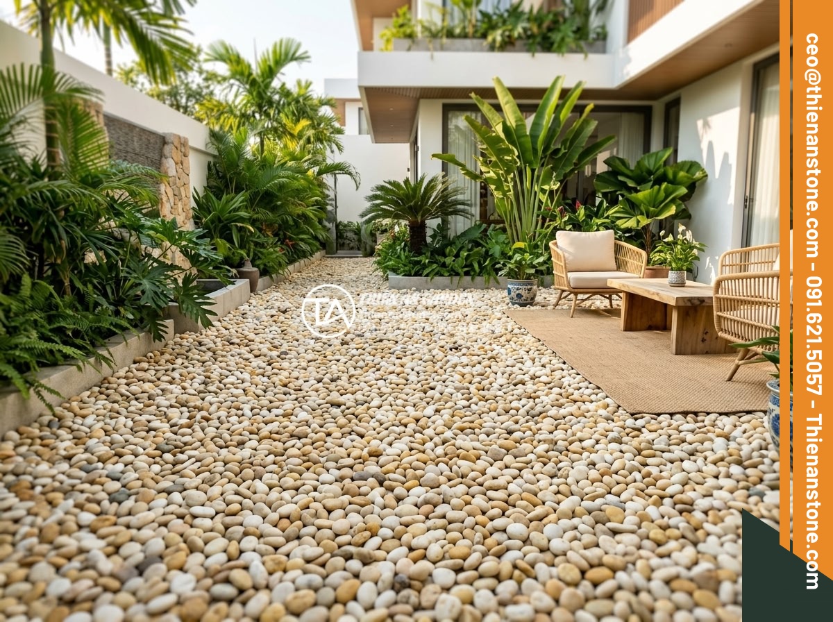 Top 10 Mẫu Gạch Lát Sân Hình Sỏi Đẹp Và Bền Bỉ Cho Biệt Thự - Hình 1 Top 10 Mẫu Gạch Lát Sân Hình Sỏi Đẹp Và Bền Bỉ Cho Biệt Thự - Luxurious modern villa courtyard featuring high-quality pebble-shaped paving til