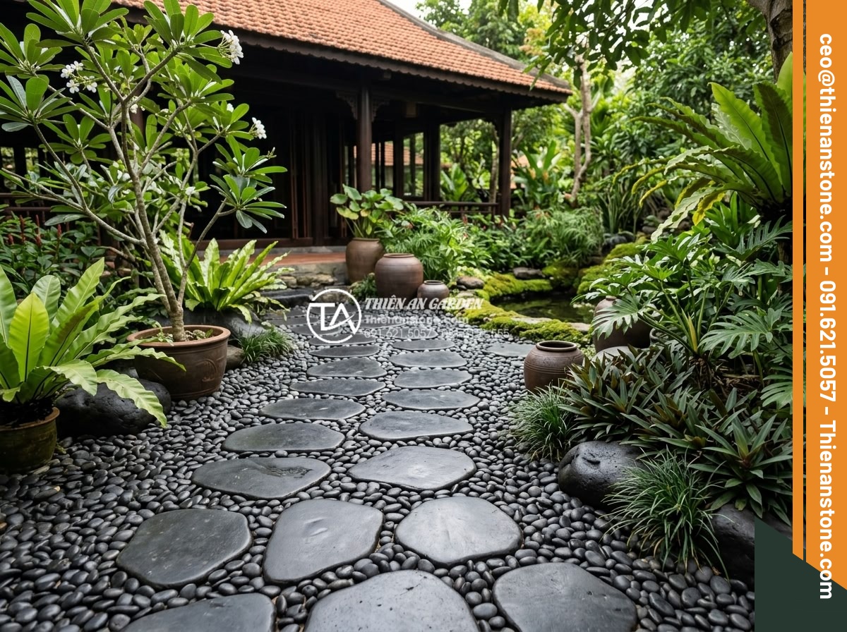 Top 10 Mẫu Gạch Lát Sân Hình Sỏi Đẹp Và Bền Bỉ Cho Biệt Thự - Hình 13 Top 10 Mẫu Gạch Lát Sân Hình Sỏi Đẹp Và Bền Bỉ Cho Biệt Thự - Beautiful villa garden combining pebble paving tiles with decorative garden pebb