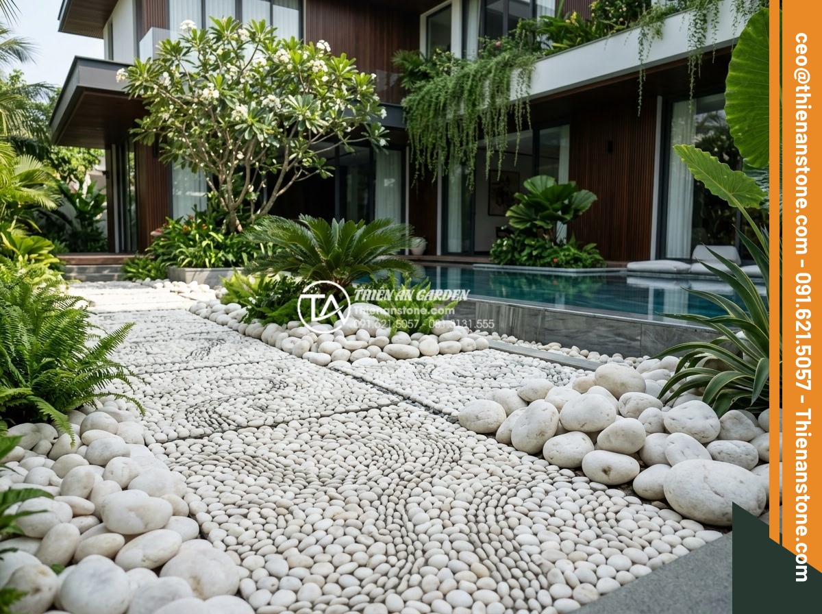 Top 10 Mẫu Gạch Lát Sân Hình Sỏi Đẹp Và Bền Bỉ Cho Biệt Thự - Hình 14 Top 10 Mẫu Gạch Lát Sân Hình Sỏi Đẹp Và Bền Bỉ Cho Biệt Thự - Creative integration of pebble tiles and natural stone elements in modern luxury