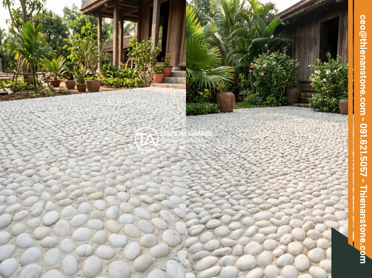 Top 10 Mẫu Gạch Lát Sân Hình Sỏi Đẹp Và Bền Bỉ Cho Biệt Thự - Hình 16 Top 10 Mẫu Gạch Lát Sân Hình Sỏi Đẹp Và Bền Bỉ Cho Biệt Thự - Before and after comparison showing well-maintained pebble paving bricks in pris