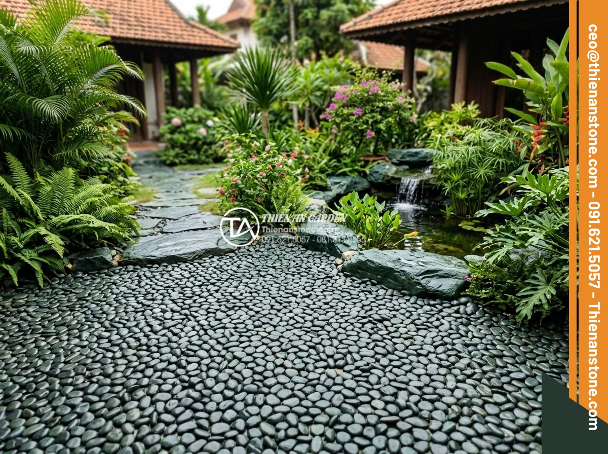 Top 10 Mẫu Gạch Lát Sân Hình Sỏi Đẹp Và Bền Bỉ Cho Biệt Thự - Hình 3 Top 10 Mẫu Gạch Lát Sân Hình Sỏi Đẹp Và Bền Bỉ Cho Biệt Thự - Spacious villa garden patio paved entirely with beautiful pebble shaped tiles, i