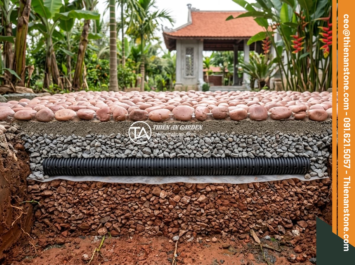 Top 10 Mẫu Gạch Lát Sân Hình Sỏi Đẹp Và Bền Bỉ Cho Biệt Thự - Hình 8 Top 10 Mẫu Gạch Lát Sân Hình Sỏi Đẹp Và Bền Bỉ Cho Biệt Thự - Cross-section view of modern pebble paving brick layers showing base material, s