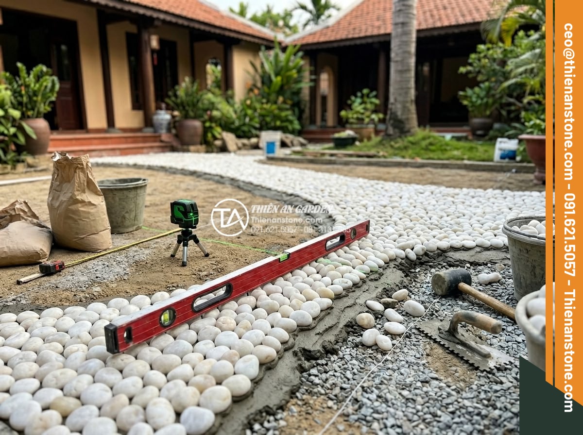 Top 10 Mẫu Gạch Lát Sân Hình Sỏi Đẹp Và Bền Bỉ Cho Biệt Thự - Hình 9 Top 10 Mẫu Gạch Lát Sân Hình Sỏi Đẹp Và Bền Bỉ Cho Biệt Thự - Professional construction team installing pebble shaped paving tiles on villa co