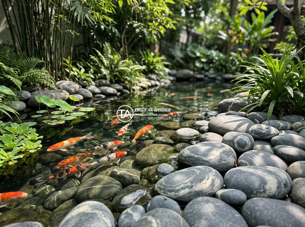 Top 12 Loại Đá Làm Hồ Cá Koi Đẹp Nhất & Tốt Nhất Hiện Nay - A serene Koi pond featuring natural river pebbles and smooth stones arranged alo