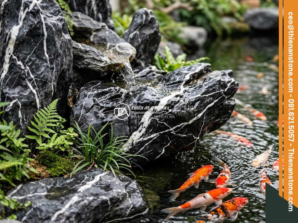 Top 12 Loại Đá Làm Hồ Cá Koi Đẹp Nhất & Tốt Nhất Hiện Nay - Durable granite and black basalt rock varieties used in high-end Koi pond constr