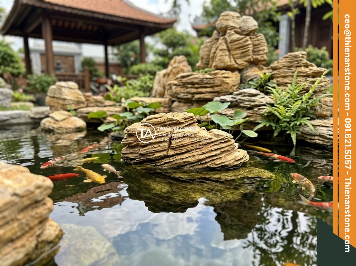 Top 12 Loại Đá Làm Hồ Cá Koi Đẹp Nhất & Tốt Nhất Hiện Nay - Slate, quartz, and marble stones arranged creatively in a Koi pond with layered 