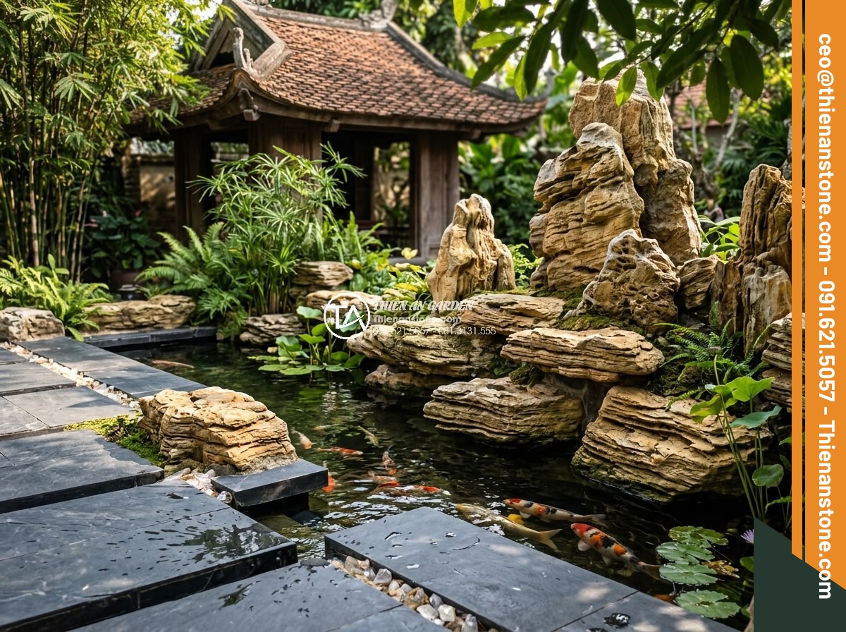 Top 12 Loại Đá Làm Hồ Cá Koi Đẹp Nhất & Tốt Nhất Hiện Nay - High-end slate tiles and quartz accents integrated into Koi pond design for eleg