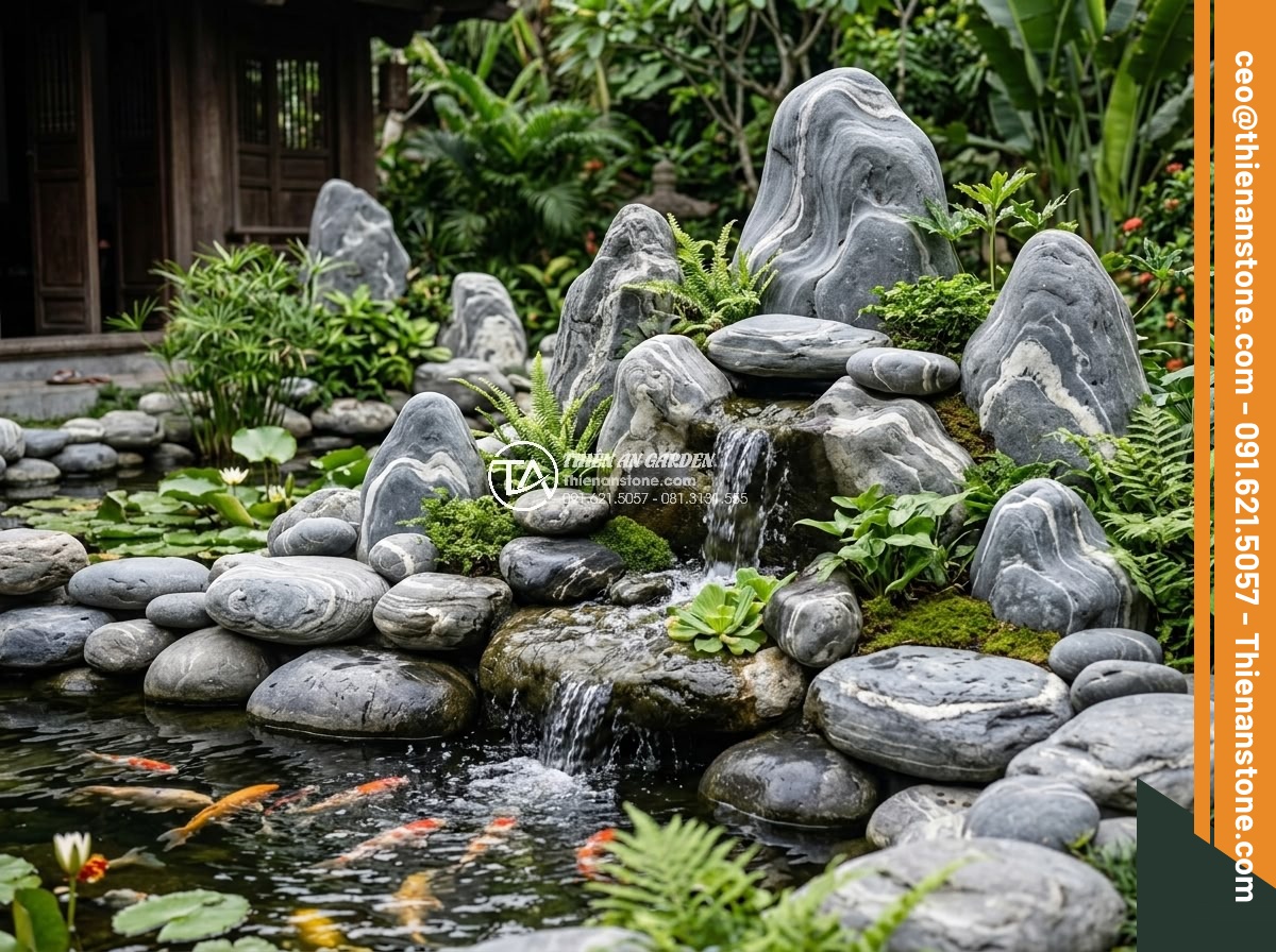 Top 12 Loại Đá Làm Hồ Cá Koi Đẹp Nhất & Tốt Nhất Hiện Nay - Artistic stone arrangement in a Koi pond using multiple stone types in balanced 