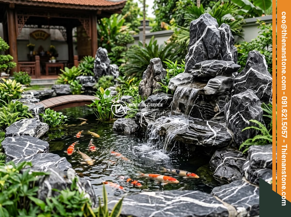 Top 12 Loại Đá Làm Hồ Cá Koi Đẹp Nhất & Tốt Nhất Hiện Nay - Professional stone layout plan realized in a beautiful Koi pond showcasing perfe