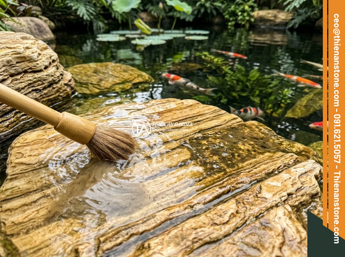 Top 12 Loại Đá Làm Hồ Cá Koi Đẹp Nhất & Tốt Nhất Hiện Nay - Maintenance process of cleaning natural stones in Koi pond using soft brushes an