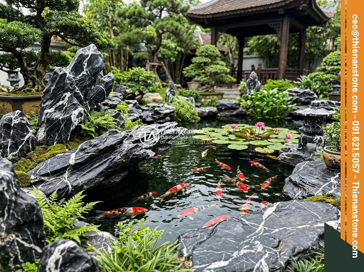 Top 12 Loại Đá Làm Hồ Cá Koi Đẹp Nhất & Tốt Nhất Hiện Nay - Long-term well-maintained Koi pond with pristine natural stones, clear water, he