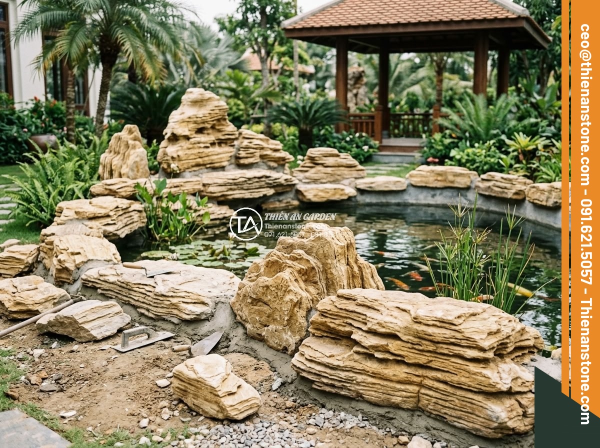 Top 12 Loại Đá Làm Hồ Cá Koi Đẹp Nhất & Tốt Nhất Hiện Nay - Professional team from Da Canh Thien An company installing high-quality natural 