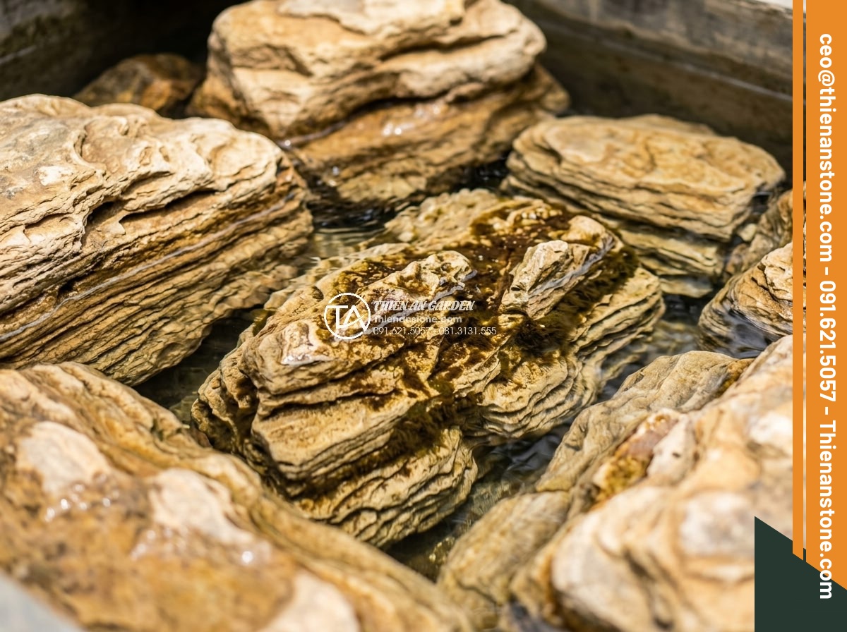 Top 12 Loại Đá Làm Hồ Cá Koi Đẹp Nhất & Tốt Nhất Hiện Nay - Close-up view of various natural stones including lava rock and granite used in 