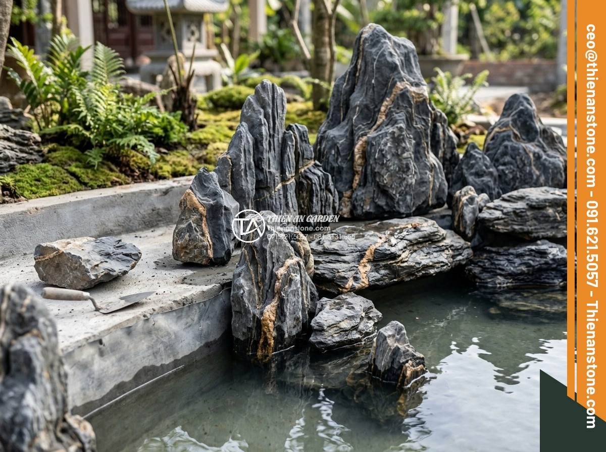 Top 12 Loại Đá Làm Hồ Cá Koi Đẹp Nhất & Tốt Nhất Hiện Nay - Professional landscape designer arranging different sized natural stones around 