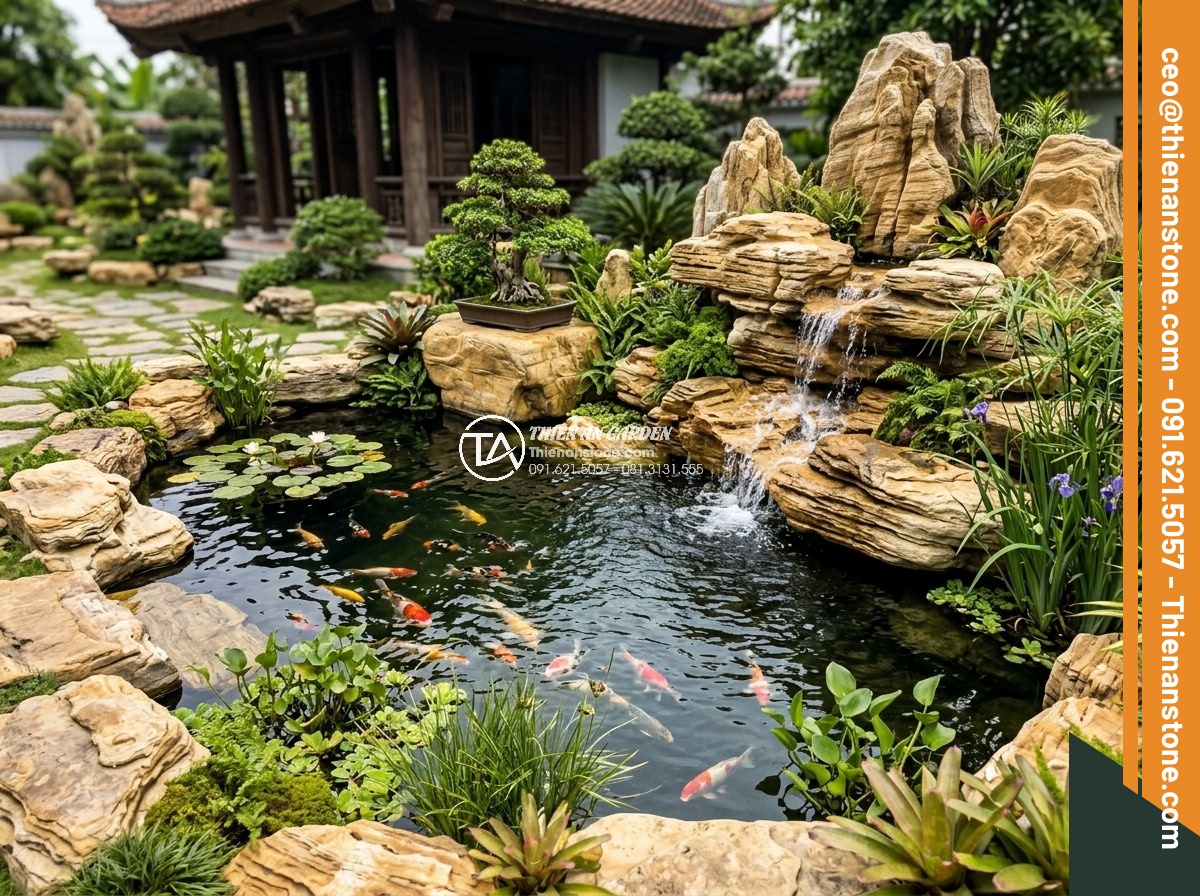 Top 12 Loại Đá Làm Hồ Cá Koi Đẹp Nhất & Tốt Nhất Hiện Nay - Completed Koi pond design featuring integrated natural stone elements, waterfall