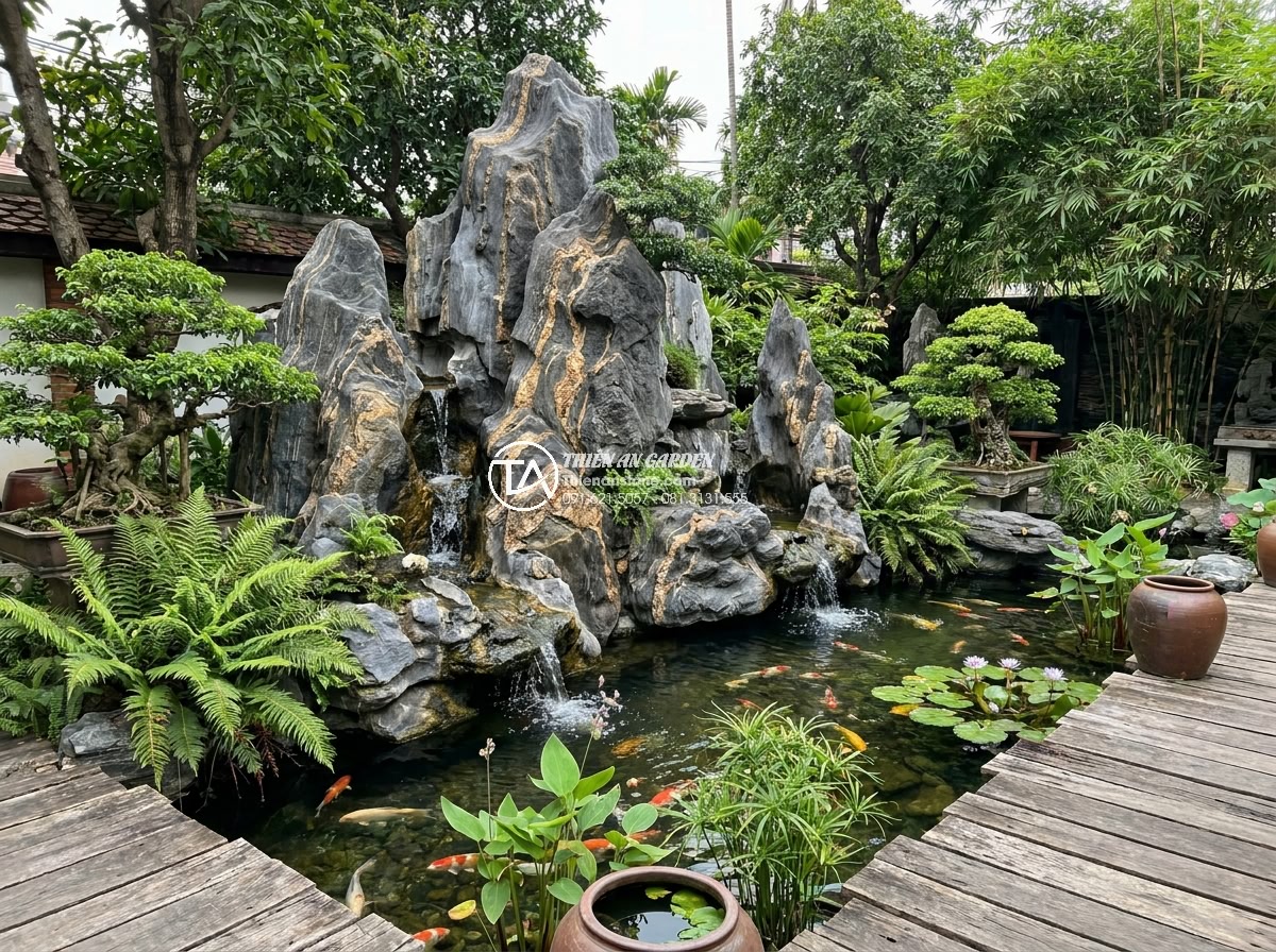 Top 5 Sai Lầm Khi Xếp Đá Non Bộ Làm Ảnh Hưởng Tài Lộc - Elegant Vietnamese garden featuring a majestic natural stone mountain non bo wit