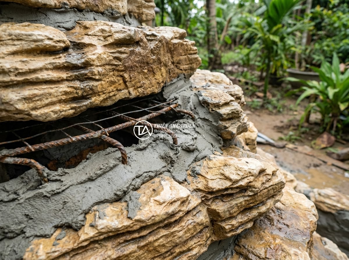 Top 5 Sai Lầm Khi Xếp Đá Non Bộ Làm Ảnh Hưởng Tài Lộc - Detailed view of reinforced steel frame and waterproof mortar in high-quality hò