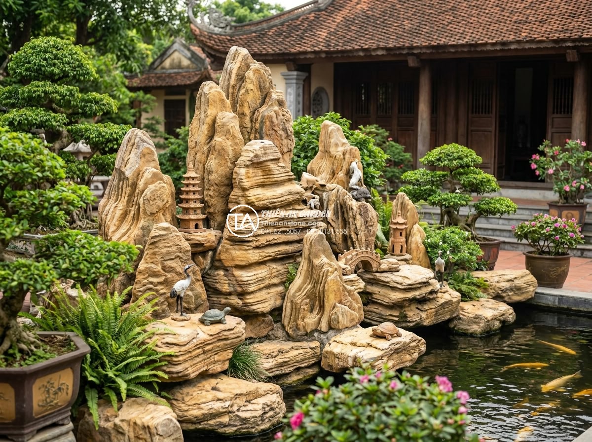 Top 5 Sai Lầm Khi Xếp Đá Non Bộ Làm Ảnh Hưởng Tài Lộc - Luxury villa garden with perfectly arranged hòn non bộ showing enhanced beauty a