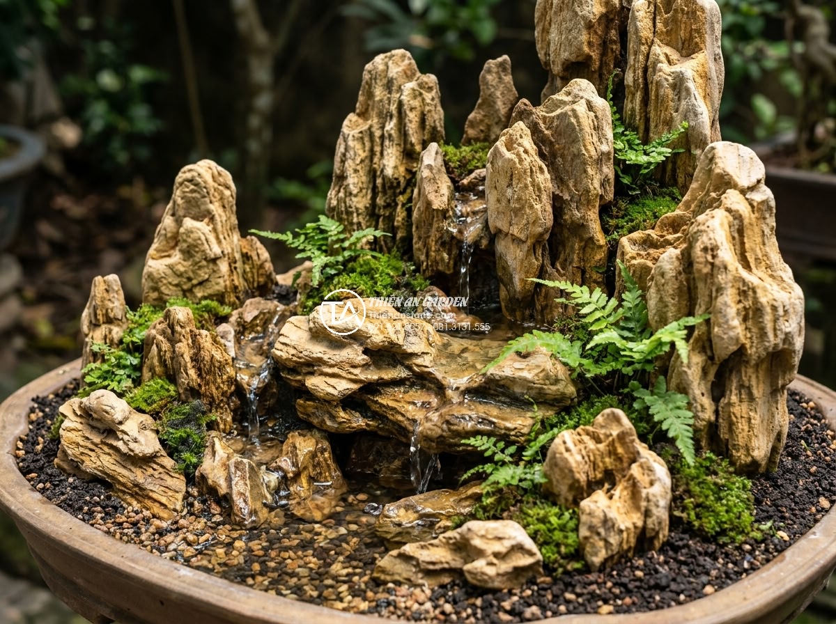 Top 5 Sai Lầm Khi Xếp Đá Non Bộ Làm Ảnh Hưởng Tài Lộc - Detailed close-up of layered natural rocks forming a miniature non bo landscape 