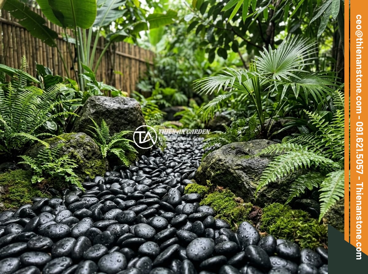 Top 5 Xu Hướng Sử Dụng Sỏi Đá Trang Trí Sân Vườn 2026 - Hình 2 Top 5 Xu Hướng Sử Dụng Sỏi Đá Trang Trí Sân Vườn 2026 - Close-up photorealistic image of a biophilic 2026 garden corner featuring smooth