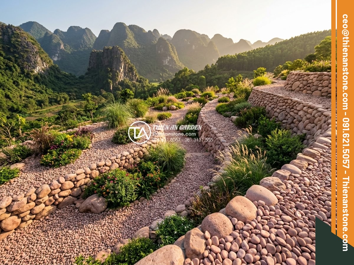 Top 5 Xu Hướng Sử Dụng Sỏi Đá Trang Trí Sân Vườn 2026 - Hình 5 Top 5 Xu Hướng Sử Dụng Sỏi Đá Trang Trí Sân Vườn 2026 - Dramatic wide angle view of a 2026 hillside garden on sloping terrain featuring