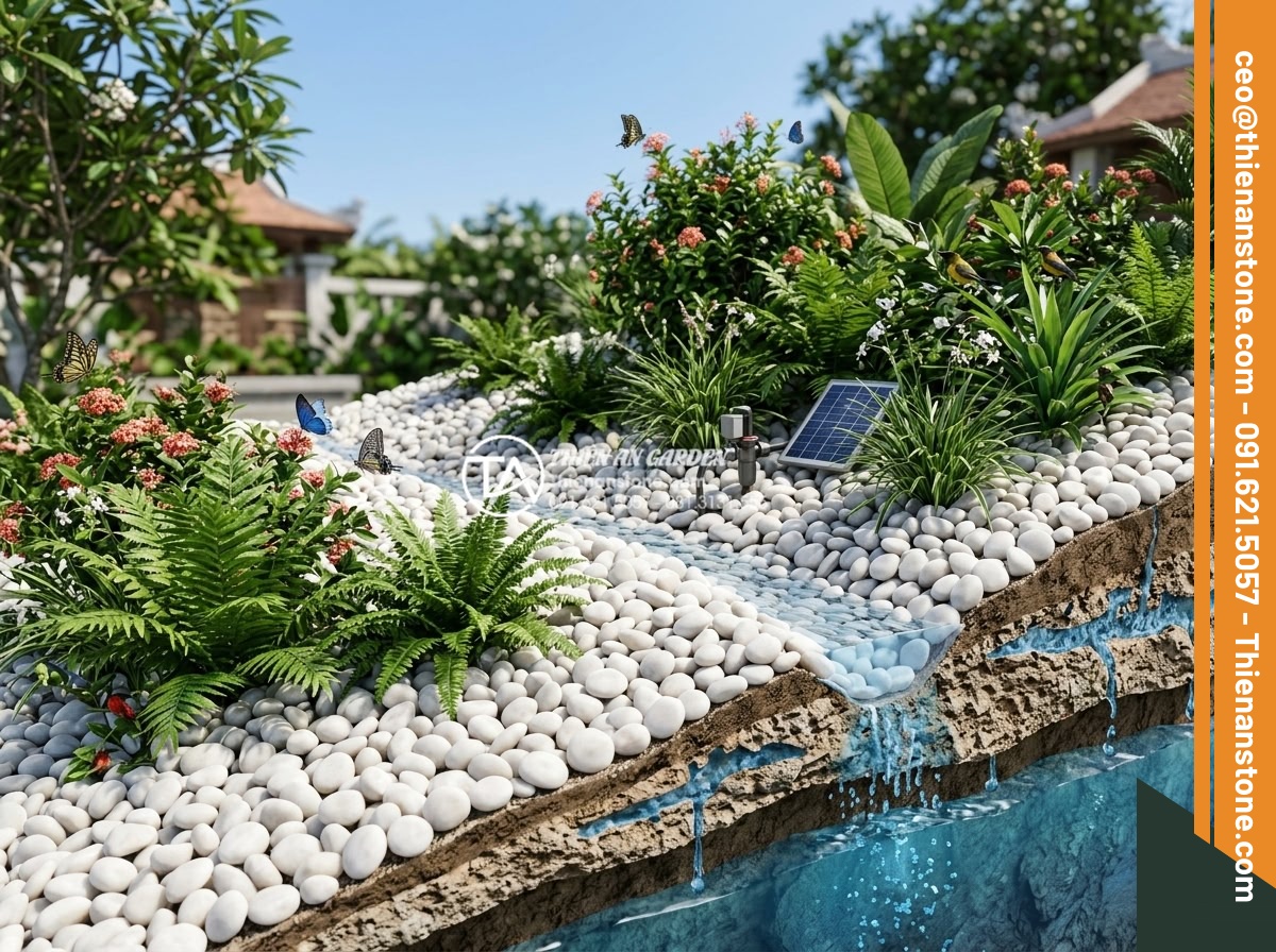 Top 5 Xu Hướng Sử Dụng Sỏi Đá Trang Trí Sân Vườn 2026 - Hình 7 Top 5 Xu Hướng Sử Dụng Sỏi Đá Trang Trí Sân Vườn 2026 - Wide environmental impact visualization of a 2026 sustainable garden showcasing