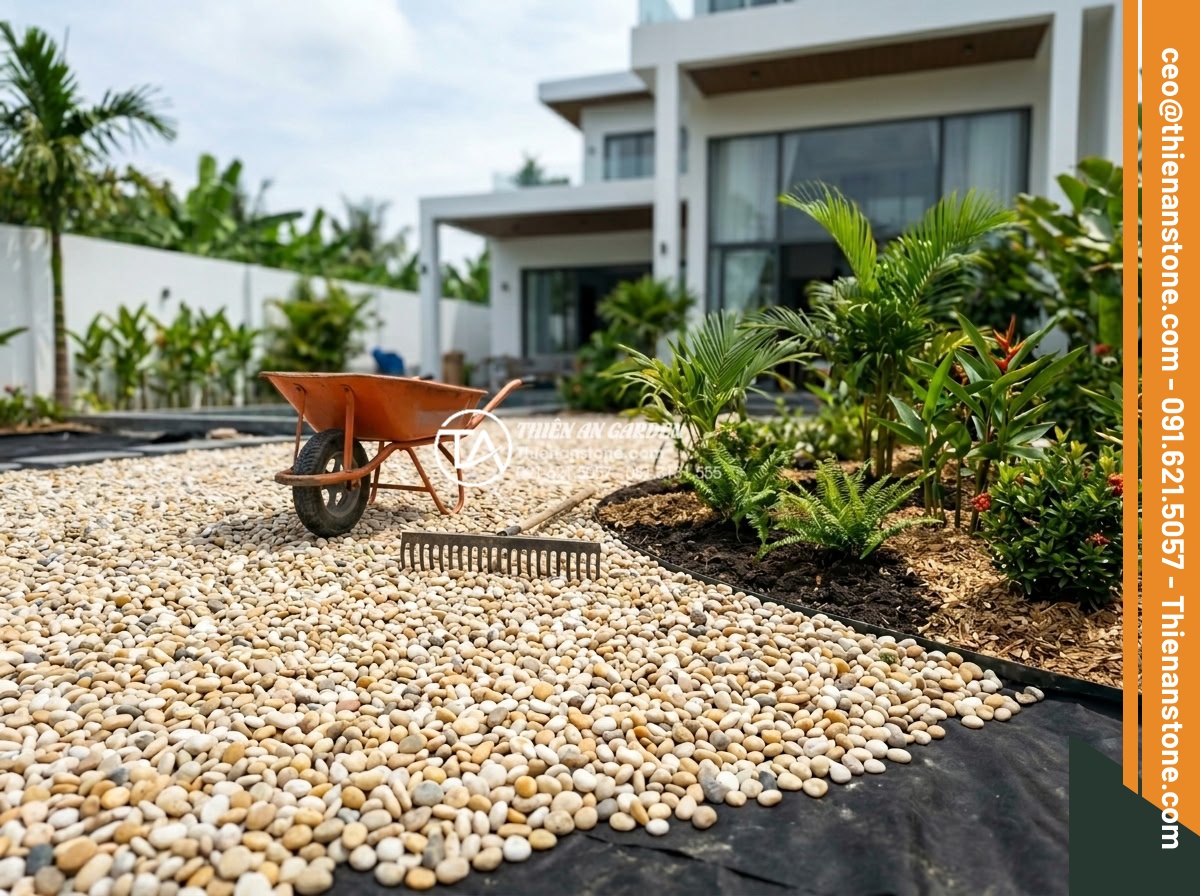 Top 5 Xu Hướng Sử Dụng Sỏi Đá Trang Trí Sân Vườn 2026 - Hình 9 Top 5 Xu Hướng Sử Dụng Sỏi Đá Trang Trí Sân Vườn 2026 - Step-by-step professional construction photography of 2026 garden gravel install