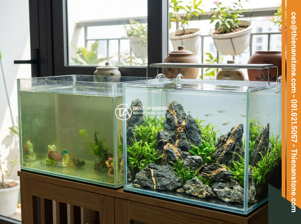Top Đá San Hô & Đá Sống Làm Hồ Cá Biển & Hồ Thủy Sinh - Hình 4 Top Đá San Hô & Đá Sống Làm Hồ Cá Biển & Hồ Thủy Sinh - Before and after comparison of aquarium with and without live rocks demonstratin