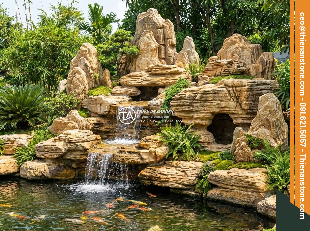 Trình Tự Sắp Xếp Đá Non Bộ Bể Cá Ngoài Trời Chuẩn Nghệ Thuật - Professional outdoor koi pond featuring a large artistic rockery non-bo stone ar