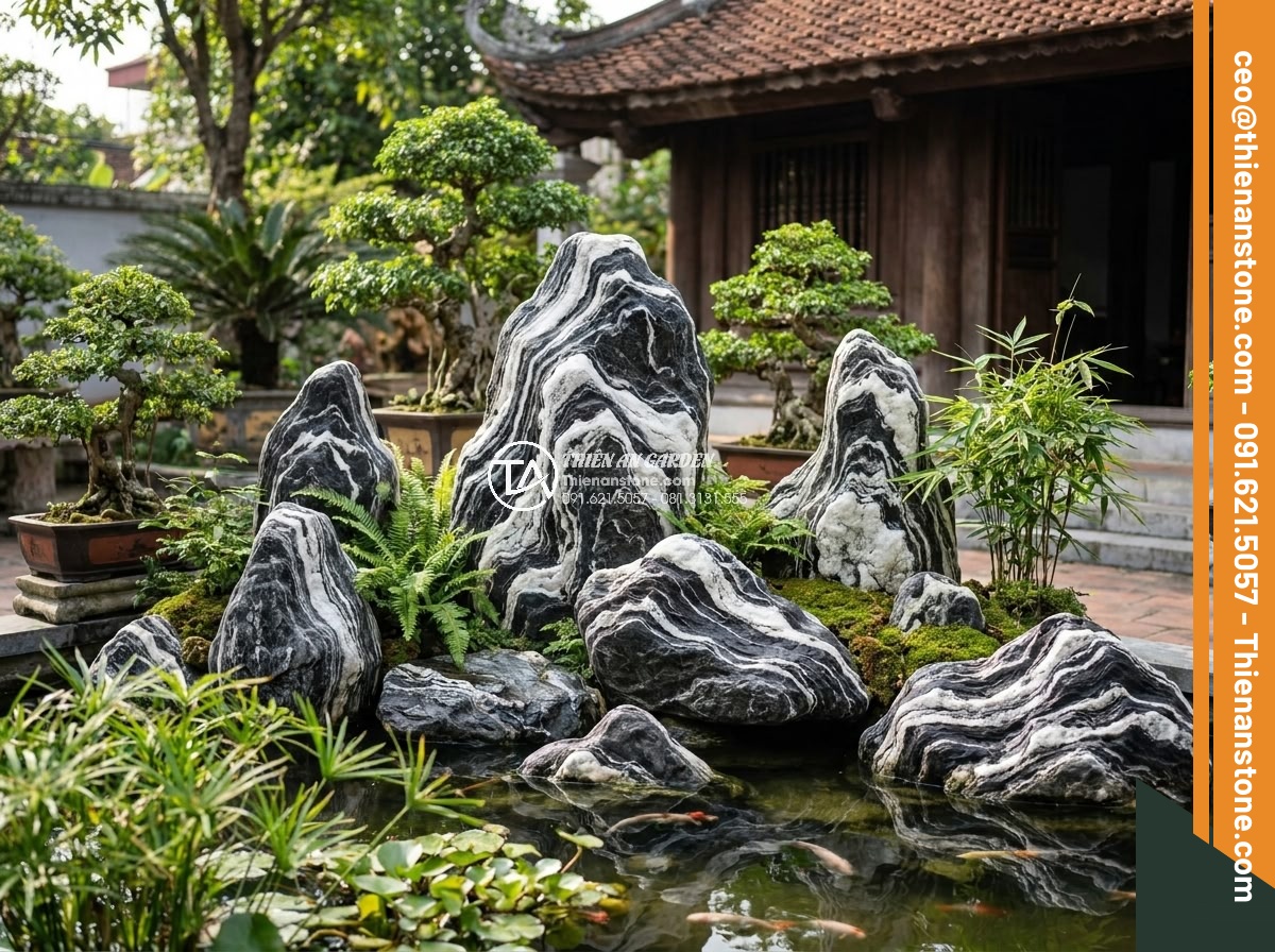 Trình Tự Sắp Xếp Đá Non Bộ Bể Cá Ngoài Trời Chuẩn Nghệ Thuật - Variety of natural stones suitable for non-bo rockery including granite, limesto