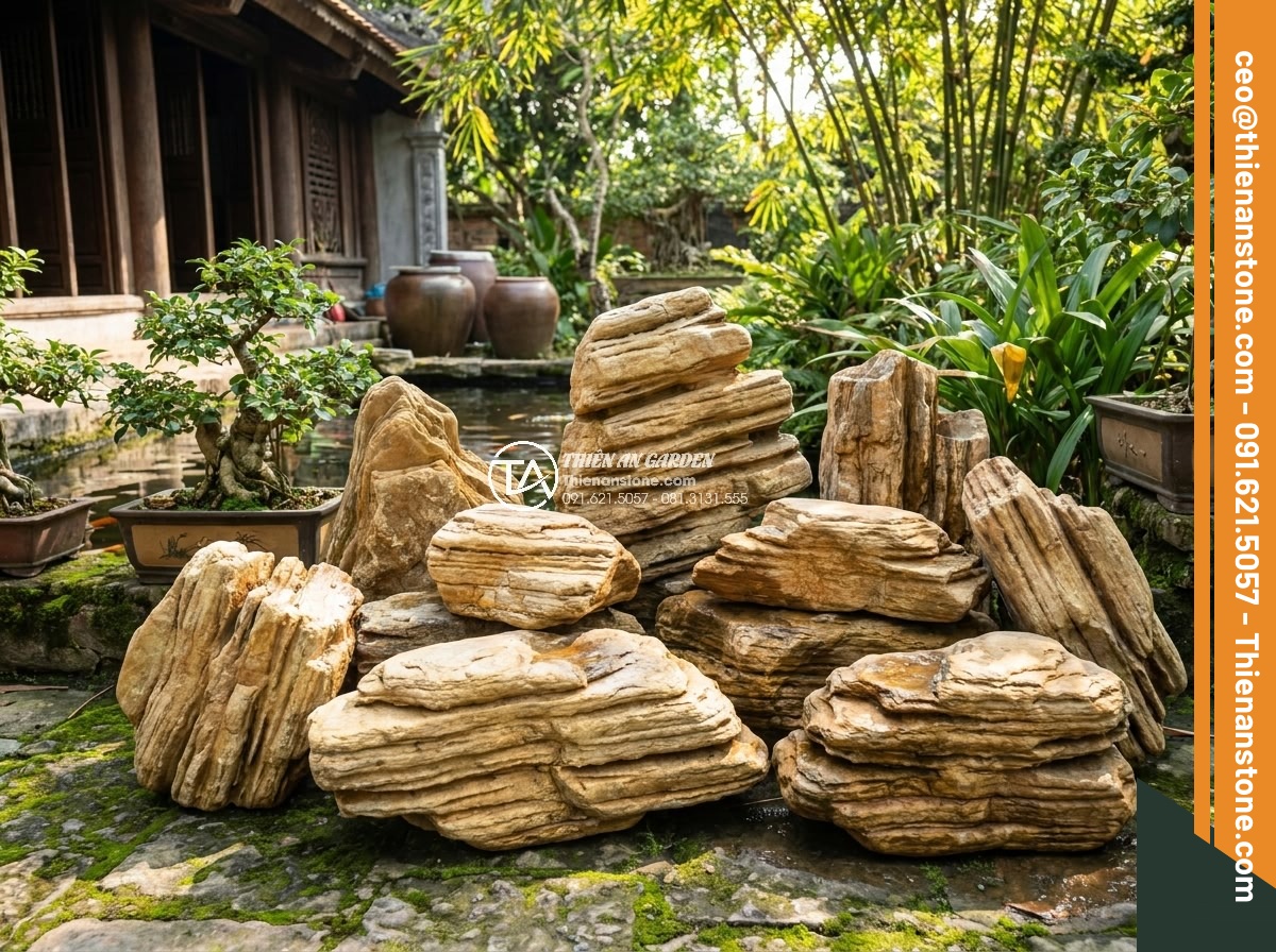 Trình Tự Sắp Xếp Đá Non Bộ Bể Cá Ngoài Trời Chuẩn Nghệ Thuật - Selection of premium natural stones for creating detailed hòn non bộ in garden f