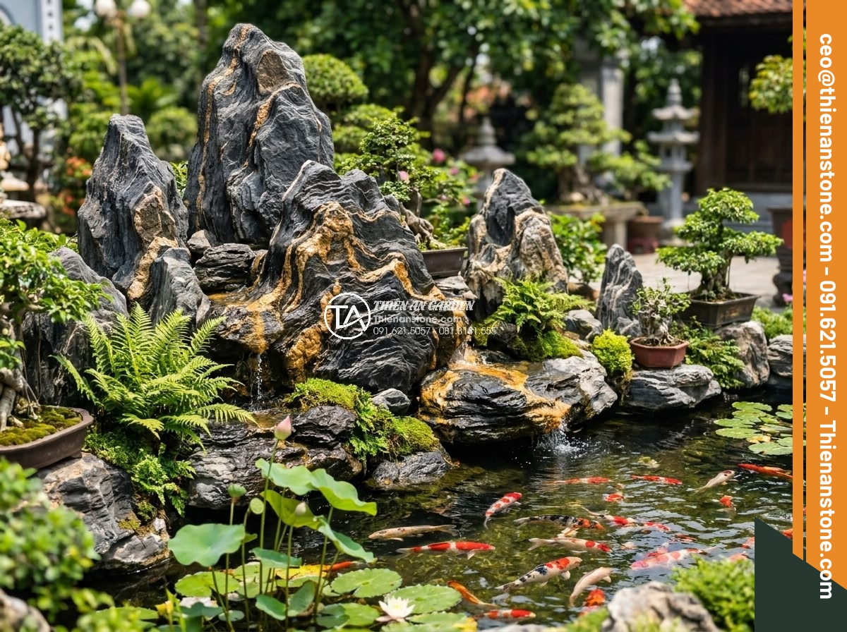 Trình Tự Sắp Xếp Đá Non Bộ Bể Cá Ngoài Trời Chuẩn Nghệ Thuật - Integrated ecosystem with plants, koi fish, and stone rockery in beautiful outdo